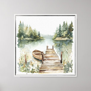 Mountain Lake Boat Watercolor Acrylic Art Canvas Print