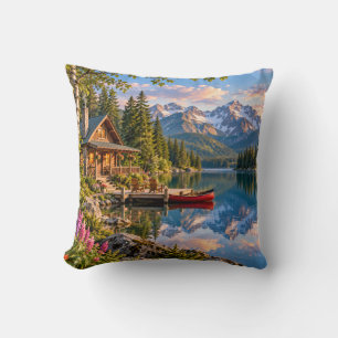Mountain Lake Cabin Landscape Cushion