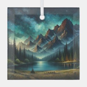 Mountain Lake/cabin under the stars Glass Tree Decoration