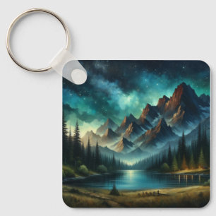 Mountain Lake/cabin under the stars Key Ring