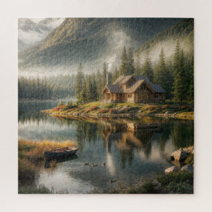 Mountain Lake Cabin with Rowboat Jigsaw Puzzle