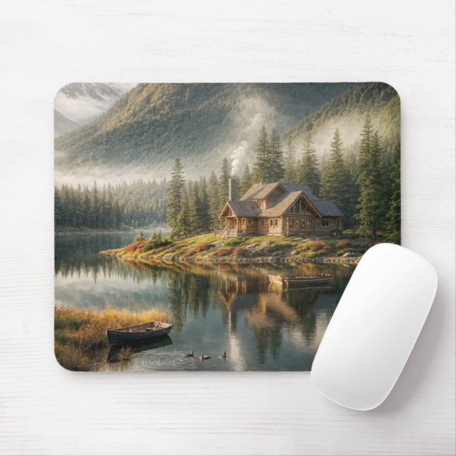 Mountain Lake Cabin with Rowboat Mouse Pad (With Mouse)