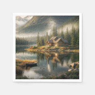 Mountain Lake Cabin with Rowboat Napkin