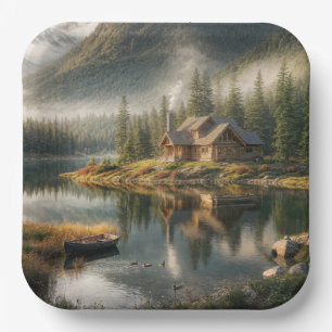 Mountain Lake Cabin with Rowboat Paper Plate