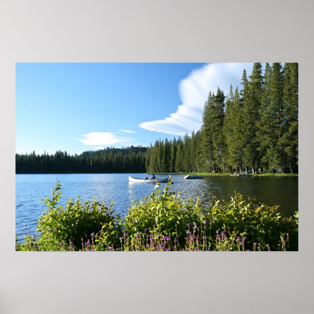Mountain Lake, Canoe, Wildflowers Poster (Front)