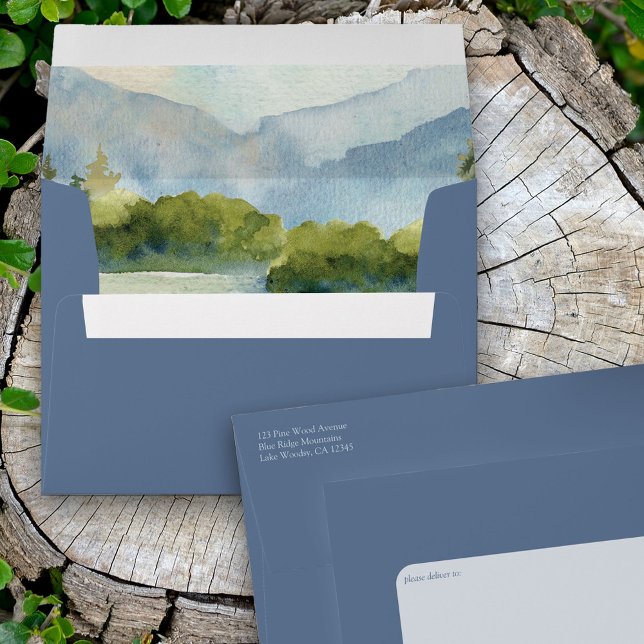 Mountain Lake Dusty Blue Wedding Invitation Envelope (Creator Uploaded)