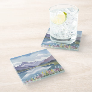 Mountain Lake Floral Watercolor Landscape Glass Coaster