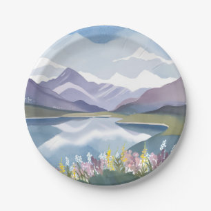Mountain Lake Floral Watercolor Landscape Paper Plate