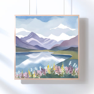 Mountain Lake   Floral Watercolor Landscape Poster