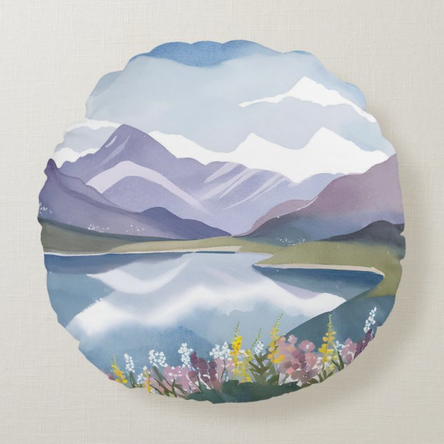Mountain Lake | Floral Watercolor Landscape Round Cushion (Front)