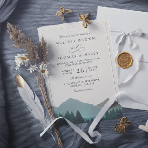 Mountain Lake Forest Trees Pine QR Code Wedding Invitation