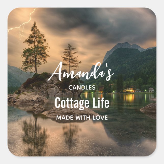 Mountain Lake in the Evening Candle Business Square Sticker (Front)