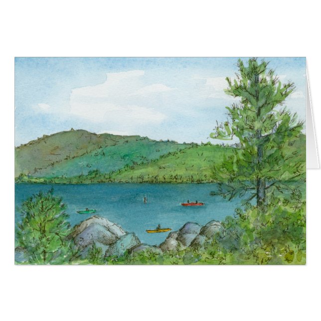 Mountain Lake Kayaking Watercolor Lanscape Art (Front Horizontal)