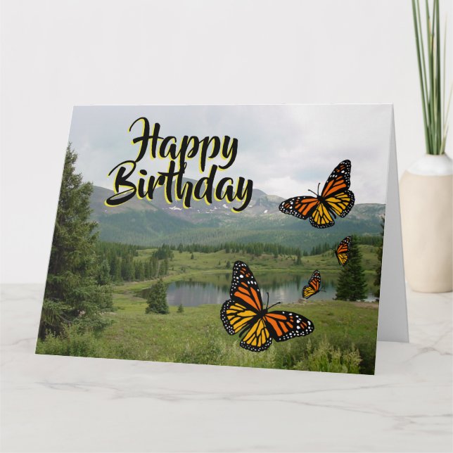Mountain Lake Monarch Butterflies Birthday Card (Front)
