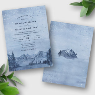 Mountain Lake Pine Trees Light Blue Winter Wedding Invitation