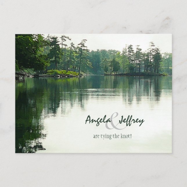 Mountain Lake reflection evergreen Save The Date Announcement Postcard (Front)