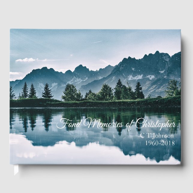 Mountain Lake Reflection Funeral Condolence Guest Book (Front)