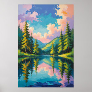 Mountain Lake Reflection with Pine Trees Colourful Poster