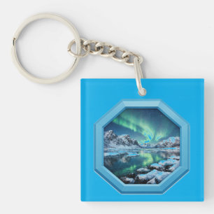 Mountain Lake Reflects No. Lights in Blue Frame Key Ring