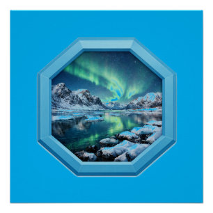 Mountain Lake Reflects No. Lights in Blue Frame Poster