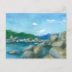 Mountain Lake Rocks Watercolor Landscape Painting Postcard