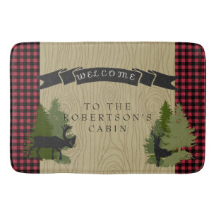Mountain Lake Rustic Cabin Deer Moose Welcome Sign Bath Mat