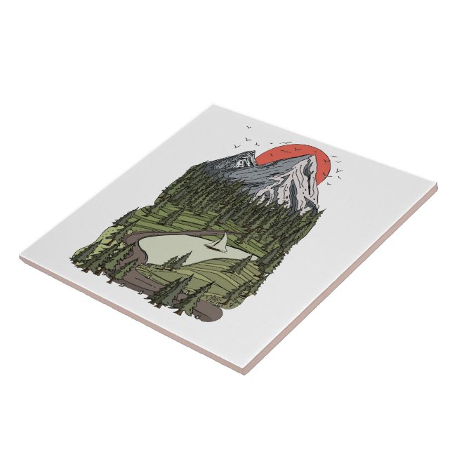 Mountain Lake Serenity: Sunset Adventure Awaits Ceramic Tile (Side)