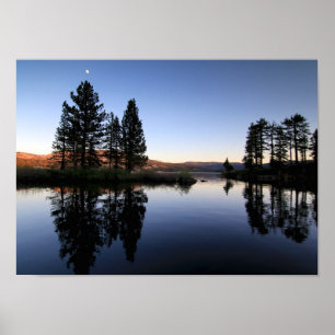 Mountain Lake, Sunset, Moon Poster