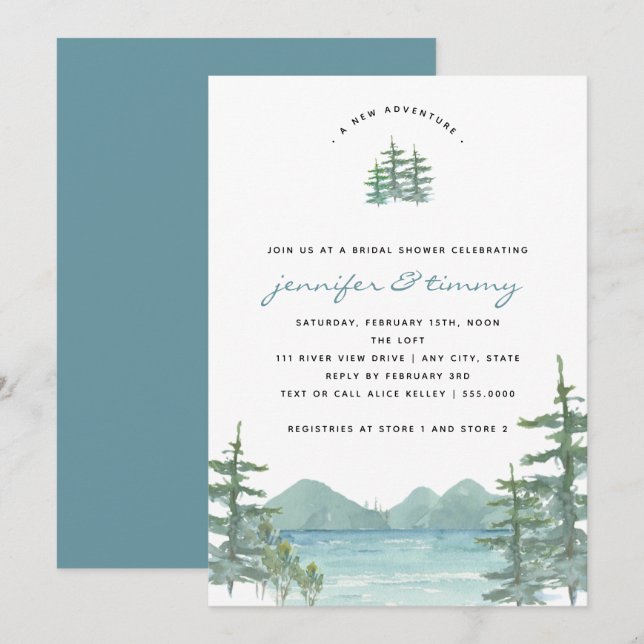 Mountain Lake Theme Watercolor Bridal Shower Invitation (Front/Back)