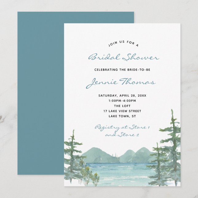 Mountain Lake Theme Watercolor Bridal Shower Invitation (Front/Back)