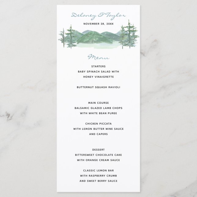 Mountain Lake Theme Watercolor Wedding Menu (Front)