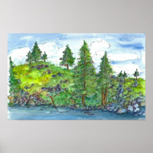 Mountain Lake Trees Watercolor Painting Poster