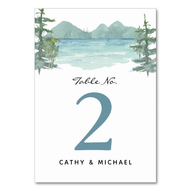 Mountain Lake Watercolor Customised Table Number (Front)