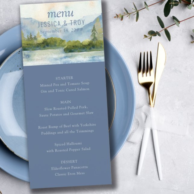 Mountain Lake Watercolor Dusty Blue Wedding Menu (Creator Uploaded)