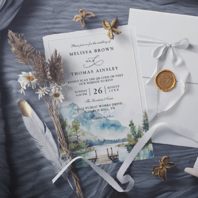 Mountain Lake Watercolor Forest QR Code Wedding Invitation (Creator Uploaded)