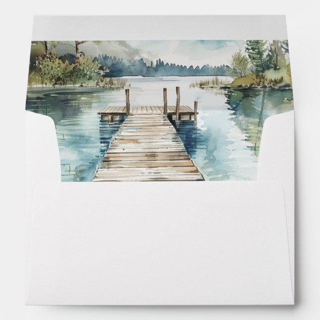 Mountain Lake Watercolor Forest Trees Wedding  Envelope (Back (Bottom))