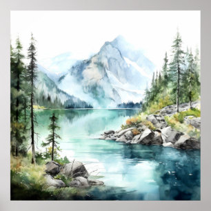  Mountain Lake Watercolor Painting Art Print