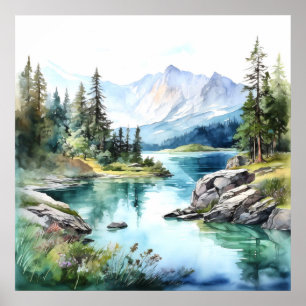  Mountain Lake Watercolor Painting Art Print