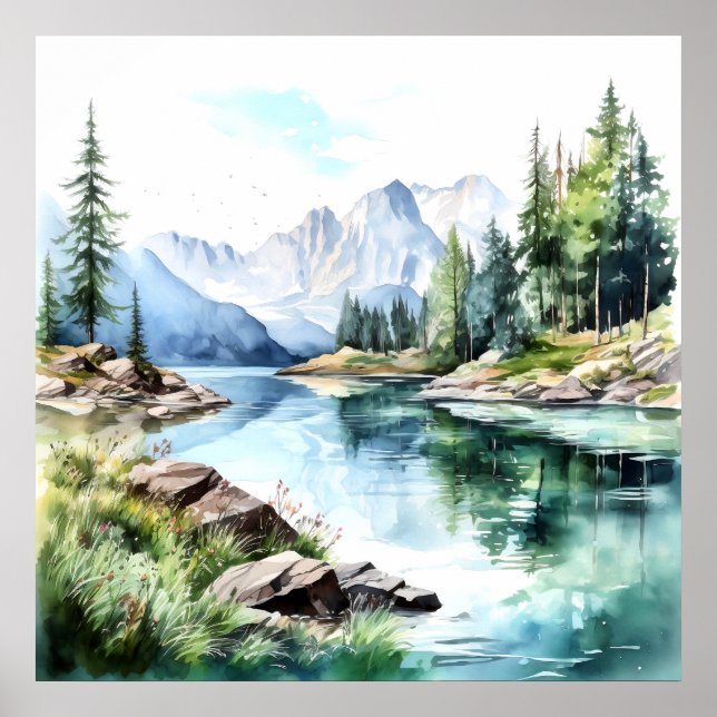  Mountain Lake Watercolor Painting Art Print (Front)