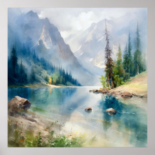  Mountain Lake Watercolor Painting Art Print