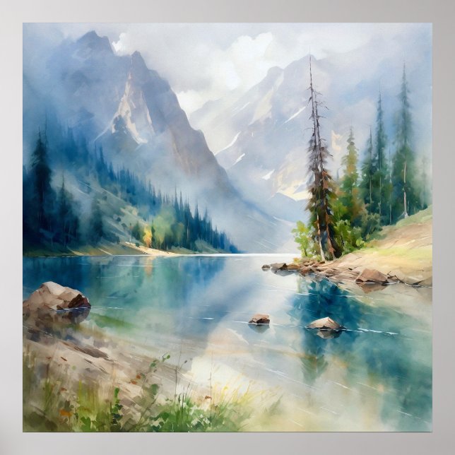  Mountain Lake Watercolor Painting Art Print (Front)