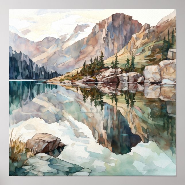Mountain Lake Watercolor Painting Art Print (Front)