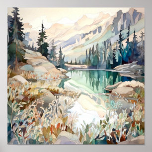 Mountain Lake Watercolor Painting Art Print