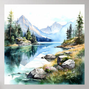  Mountain Lake Watercolor Painting Art Print
