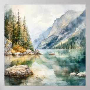  Mountain Lake Watercolor Painting Art Print