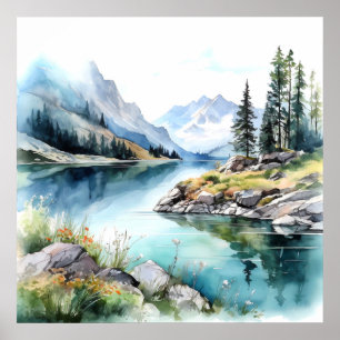  Mountain Lake Watercolor Painting Art Print