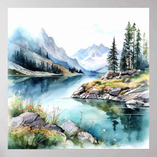  Mountain Lake Watercolor Painting Art Print (Front)