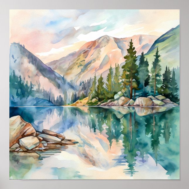 Mountain Lake Watercolor Painting Art Print (Front)