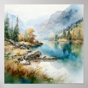  Mountain Lake Watercolor Painting Art Print