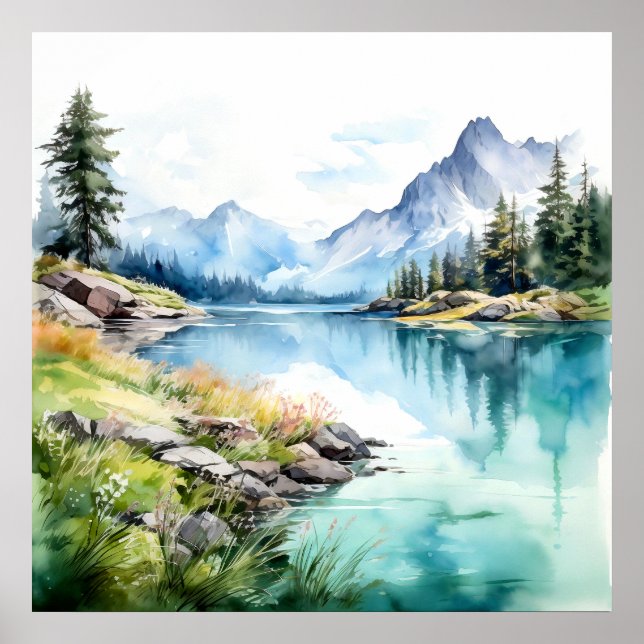  Mountain Lake Watercolor Painting Art Print (Front)